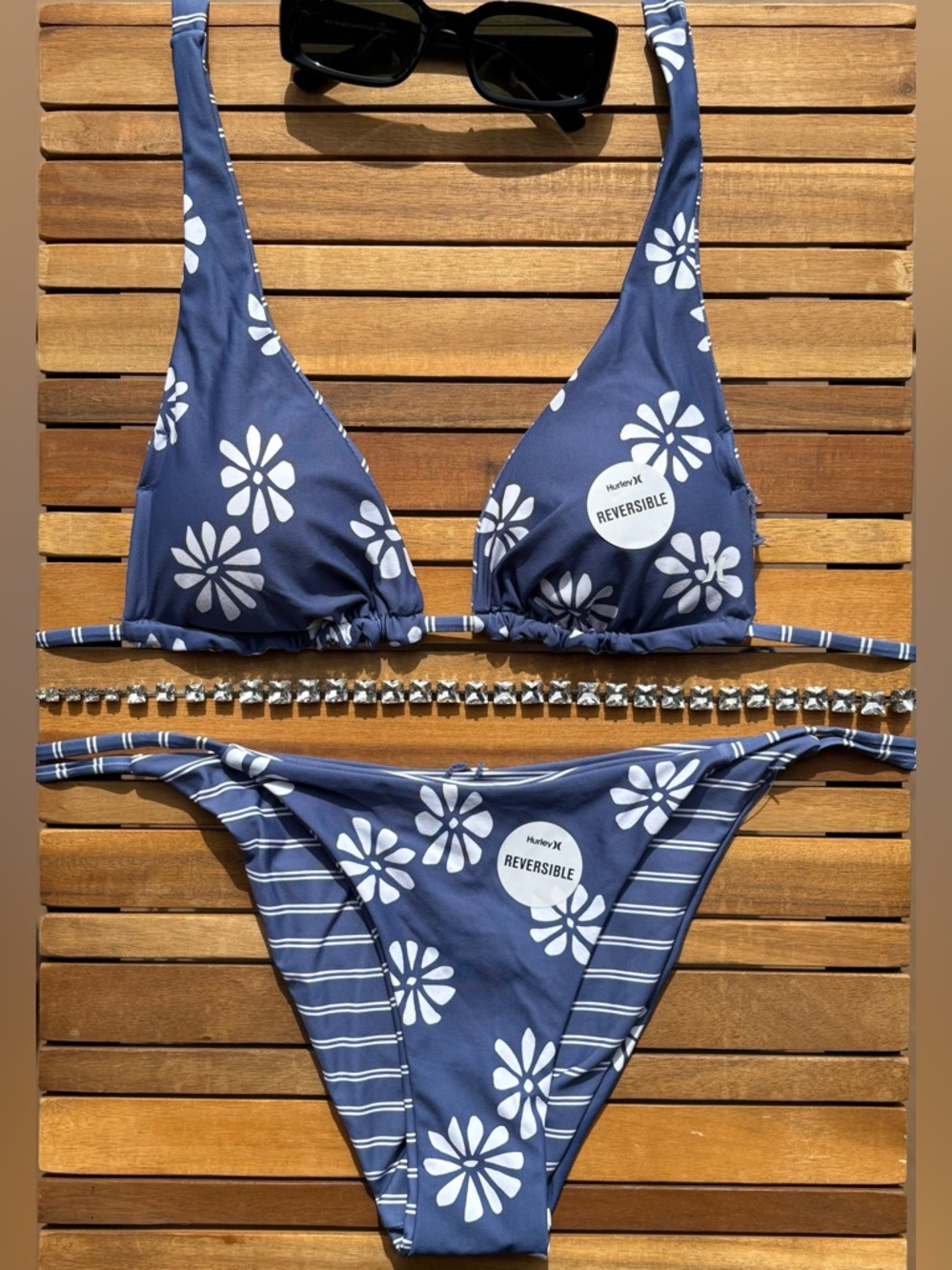 SMALL NWT Hurley Navy Blue & White Reversible Floral Striped Triangle Bikini - Picture 2 of 6
